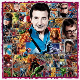 A colorful comic book styled collage featuring Stan Lee's iconic cameos in various Marvel movies, capturing his jovial, whimsical spirit and his intricate connection to the superhero universe.