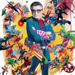 A colorful comic book styled collage featuring Stan Lee's iconic cameos in various Marvel movies, capturing his jovial, whimsical spirit and his intricate connection to the superhero universe.