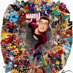 A colorful comic book styled collage featuring Stan Lee's iconic cameos in various Marvel movies, capturing his jovial, whimsical spirit and his intricate connection to the superhero universe.