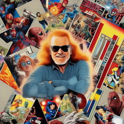 A colorful comic book styled collage featuring Stan Lee's iconic cameos in various Marvel movies, capturing his jovial, whimsical spirit and his intricate connection to the superhero universe.