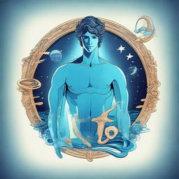 A digital avatar of a young man representing the Aquarius zodiac sign, with characteristic water-bearer elements incorporated in the design.