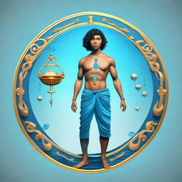 A digital avatar of a young man representing the Aquarius zodiac sign, with characteristic water-bearer elements incorporated in the design.