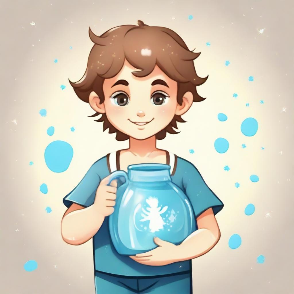 A cute, cherubic boy with twinkling eyes and a smile, embodying the Aquarius zodiac sign and holding a water jug.