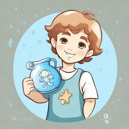 A cute, cherubic boy with twinkling eyes and a smile, embodying the Aquarius zodiac sign and holding a water jug.