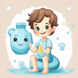 A cute, cherubic boy with twinkling eyes and a smile, embodying the Aquarius zodiac sign and holding a water jug.