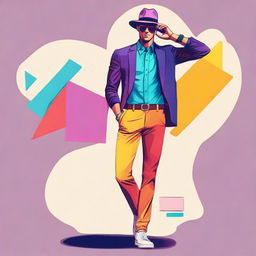 A full-body illustration of a handsome man striking a cool pose. In his right hand, he's holding a card and his left hand is grabbing a hat. The colors used are vibrant and colorful.