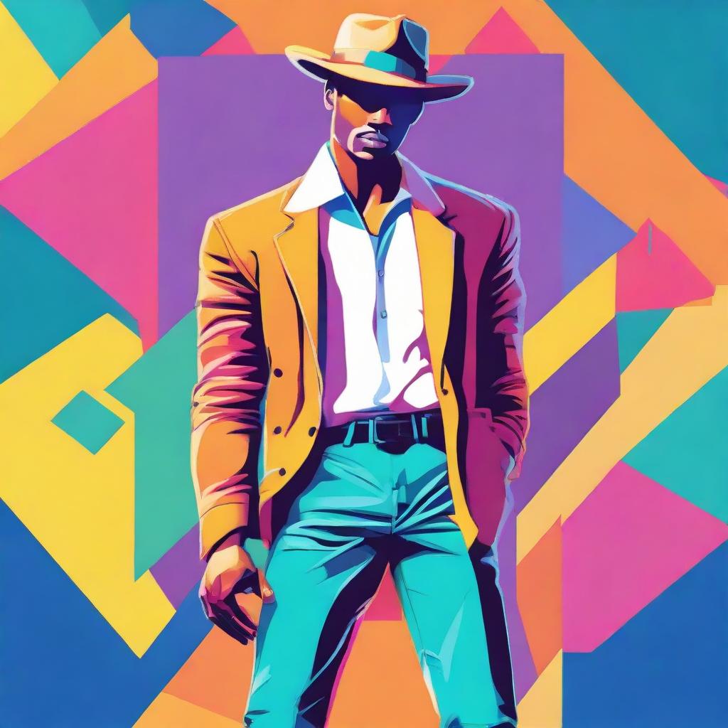 A full-body illustration of a handsome man striking a cool pose. In his right hand, he's holding a card and his left hand is grabbing a hat. The colors used are vibrant and colorful.