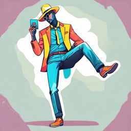 A full-body illustration of a handsome man striking a cool pose. In his right hand, he's holding a card and his left hand is grabbing a hat. The colors used are vibrant and colorful.