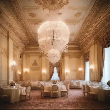 The grand ballroom of the palace was adorned with beautiful crystal chandeliers, intricate wall moldings, and elegant souffles on the ceiling.
