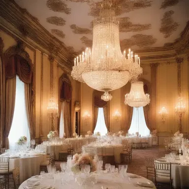The grand ballroom of the palace was adorned with beautiful crystal chandeliers, intricate wall moldings, and elegant souffles on the ceiling.
