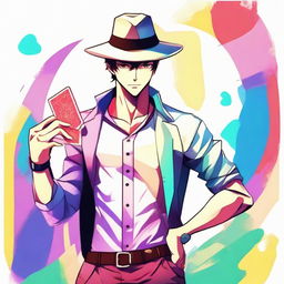 Create an anime-style illustration of a handsome man in full body, posing coolly. His right hand is holding a card, while his left hand grabs a hat, all portrayed in vivid, colorful tones.