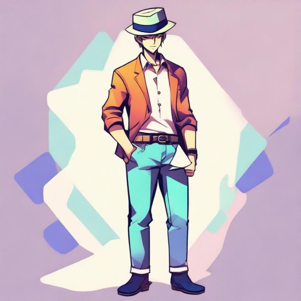 Create an anime-style illustration of a handsome man in full body, posing coolly. His right hand is holding a card, while his left hand grabs a hat, all portrayed in vivid, colorful tones.