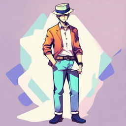 Create an anime-style illustration of a handsome man in full body, posing coolly. His right hand is holding a card, while his left hand grabs a hat, all portrayed in vivid, colorful tones.