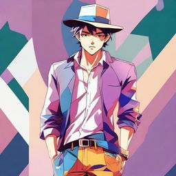 Create an anime-style illustration of a handsome man in full body, posing coolly. His right hand is holding a card, while his left hand grabs a hat, all portrayed in vivid, colorful tones.