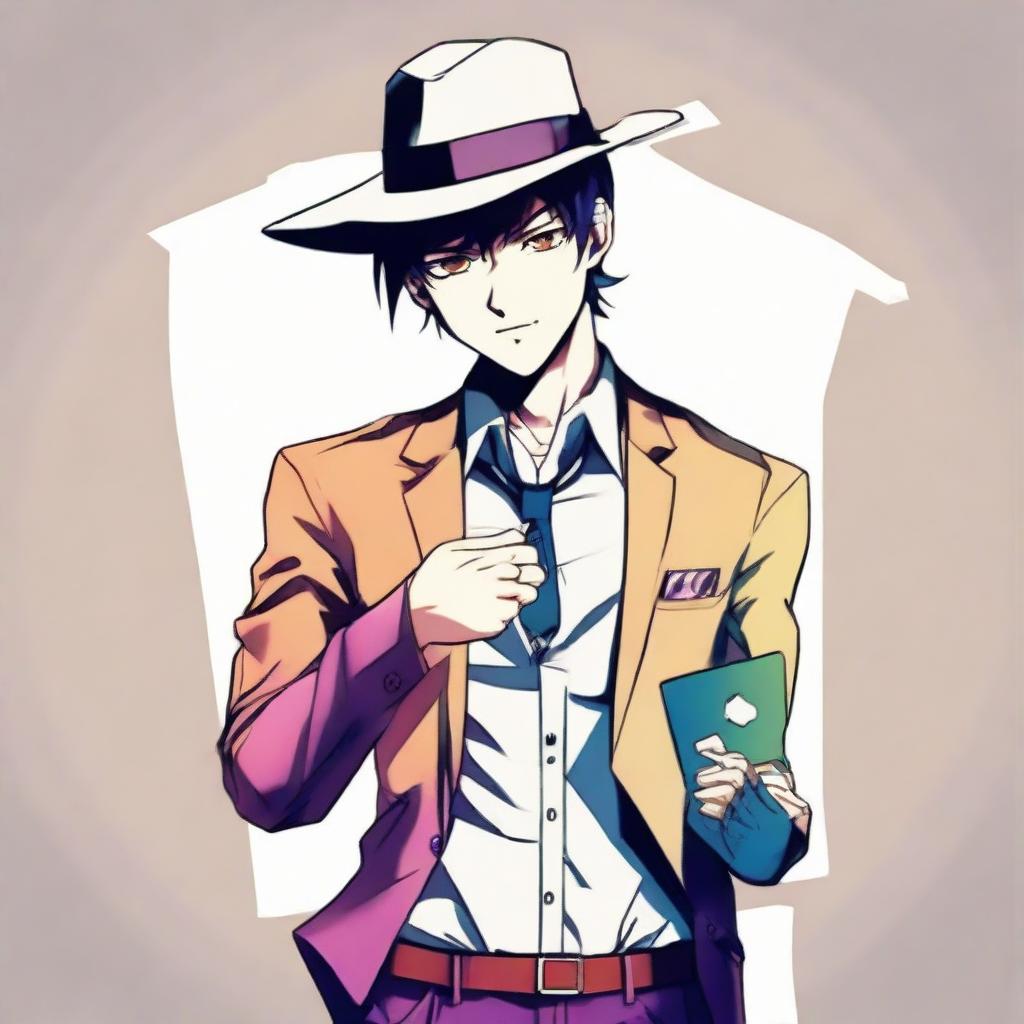 Create an anime-style illustration of a handsome man in full body, posing coolly. His right hand is holding a card, while his left hand grabs a hat, all portrayed in vivid, colorful tones.