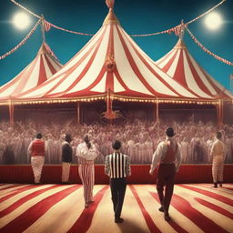 Generate a 1080x1920 pixels, 4k photo-realistic image of people performing various activities in a circus.