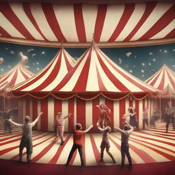 Generate a 1080x1920 pixels, 4k photo-realistic image of people performing various activities in a circus.