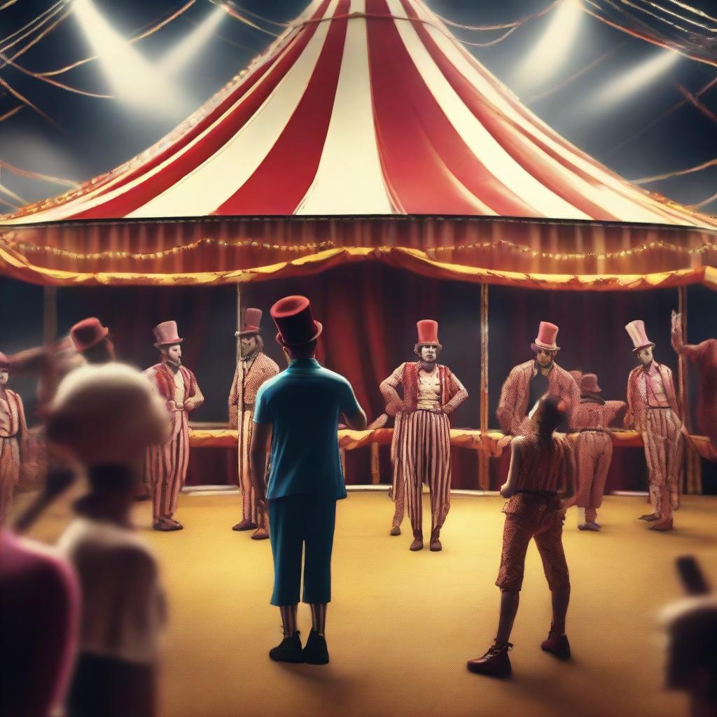 Generate a 1080x1920 pixels, 4k photo-realistic image of people performing various activities in a circus.