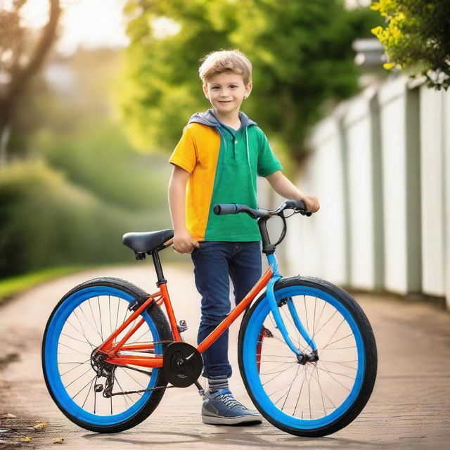 A confident young boy with a vibrant bicycle, striking a cool pose in a dynamic outdoor setting