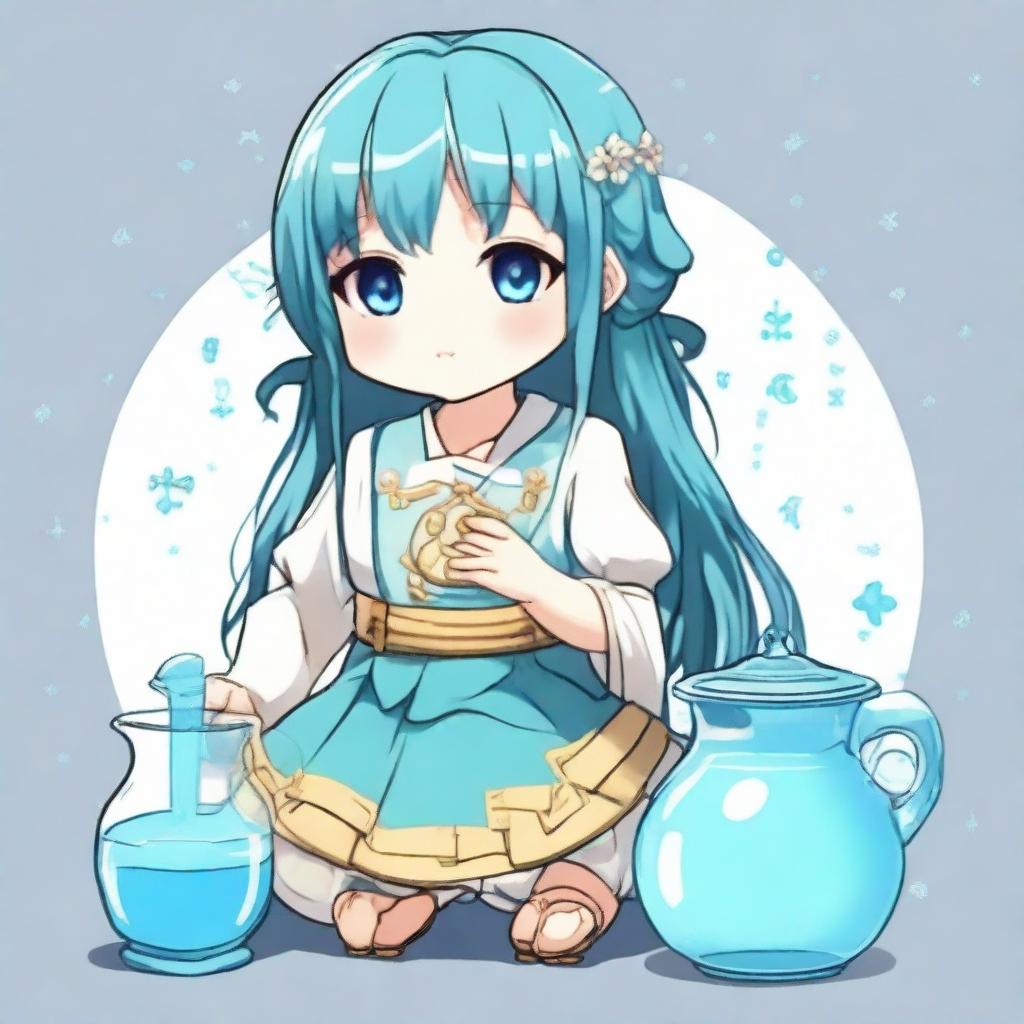 A charming and adorable anime character representing the Aquarius zodiac sign, with a water jug as part of their outfit or prop.