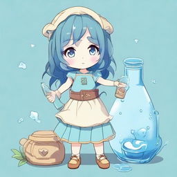 A charming and adorable anime character representing the Aquarius zodiac sign, with a water jug as part of their outfit or prop.