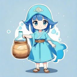 A charming and adorable anime character representing the Aquarius zodiac sign, with a water jug as part of their outfit or prop.