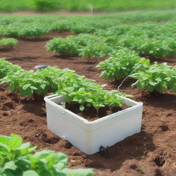 Generate an image of an IoT-based automated irrigation system for potato plants. Focus on a box-shaped control system and an efficient watering mechanism. The scene should indicate optimal resource use and an enhanced health of the crops.