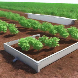 Generate an image of an IoT-based automated irrigation system for potato plants. Focus on a box-shaped control system and an efficient watering mechanism. The scene should indicate optimal resource use and an enhanced health of the crops.