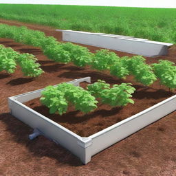 Generate an image of an IoT-based automated irrigation system for potato plants. Focus on a box-shaped control system and an efficient watering mechanism. The scene should indicate optimal resource use and an enhanced health of the crops.