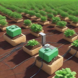 Generate an image of an IoT-based automated irrigation system for potato plants. Focus on a box-shaped control system and an efficient watering mechanism. The scene should indicate optimal resource use and an enhanced health of the crops.