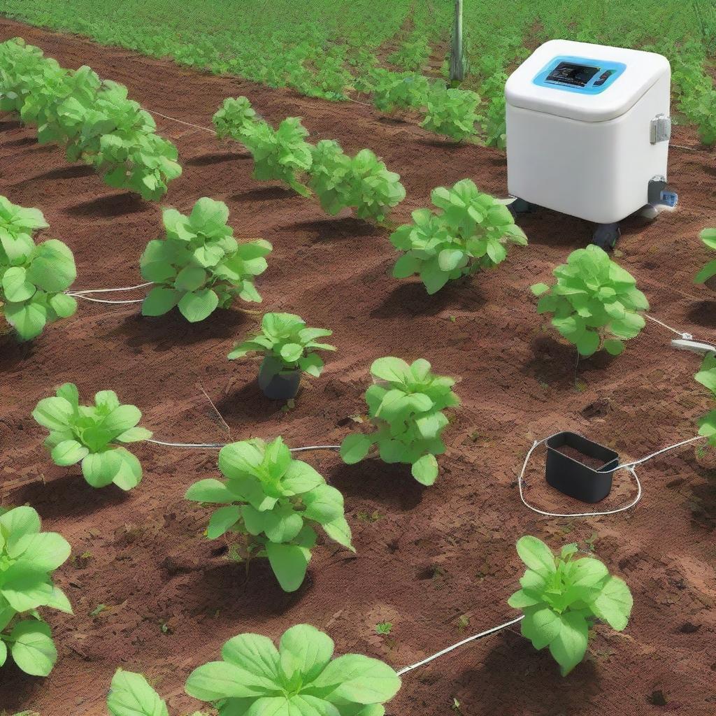 Generate an image of an IoT-based automated irrigation system for potato plants. Focus on a box-shaped control system and an efficient watering mechanism. The scene should indicate optimal resource use and an enhanced health of the crops.