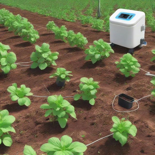 Generate an image of an IoT-based automated irrigation system for potato plants. Focus on a box-shaped control system and an efficient watering mechanism. The scene should indicate optimal resource use and an enhanced health of the crops.