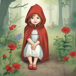 Little Red Riding Hood crouching down to pick flowers.