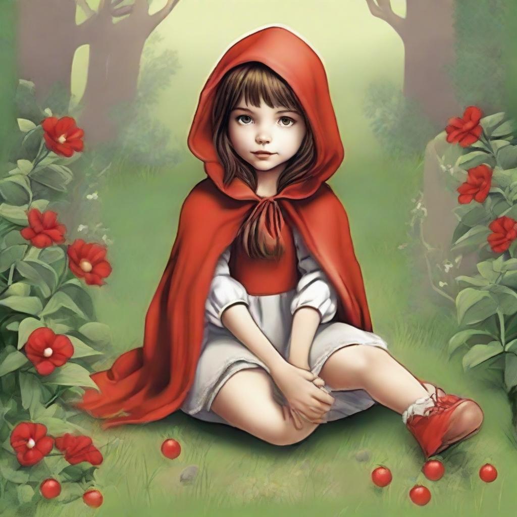 Little Red Riding Hood crouching down to pick flowers.