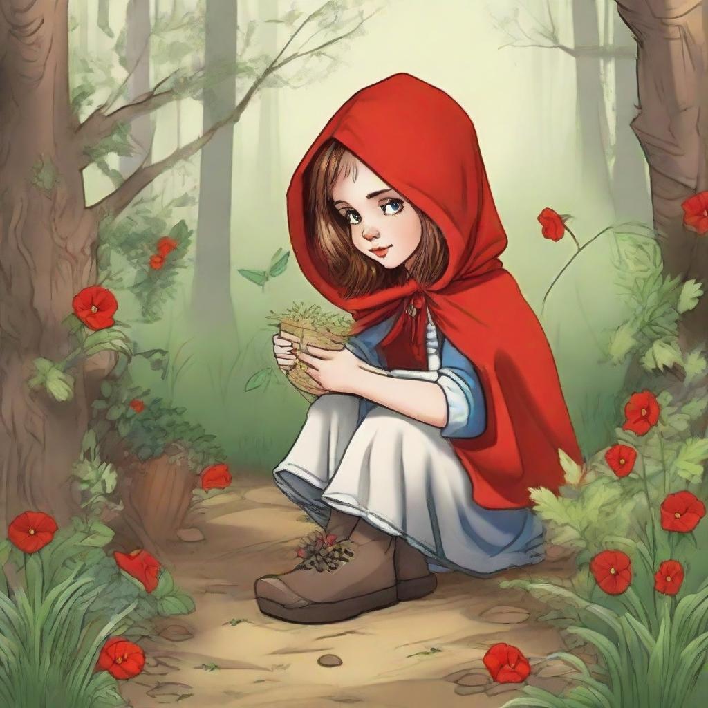 Little Red Riding Hood crouching down to pick flowers.