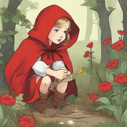 Little Red Riding Hood crouching down to pick flowers.