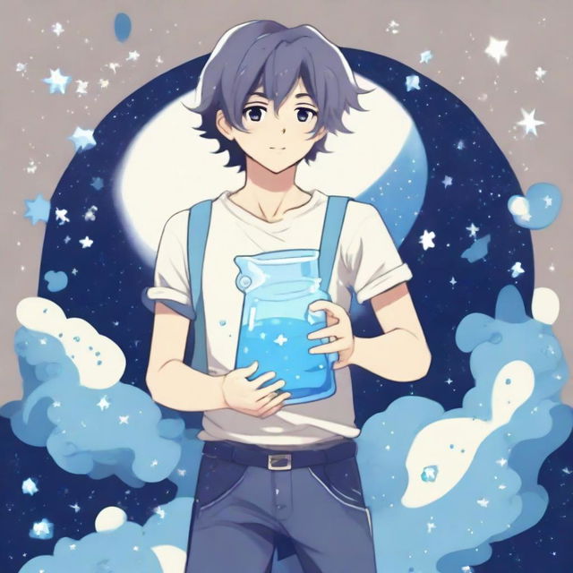 A cute anime-style illustration of a youthful guy representing the Aquarius zodiac sign, carrying a water jug and surrounded by stars.