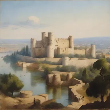 The artist's painting depicts a fortified city overlooking a serene landscape.