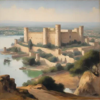 The artist's painting depicts a fortified city overlooking a serene landscape.