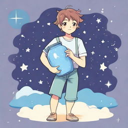 A cute anime-style illustration of a youthful guy representing the Aquarius zodiac sign, carrying a water jug and surrounded by stars.