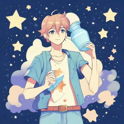 A cute anime-style illustration of a youthful guy representing the Aquarius zodiac sign, carrying a water jug and surrounded by stars.