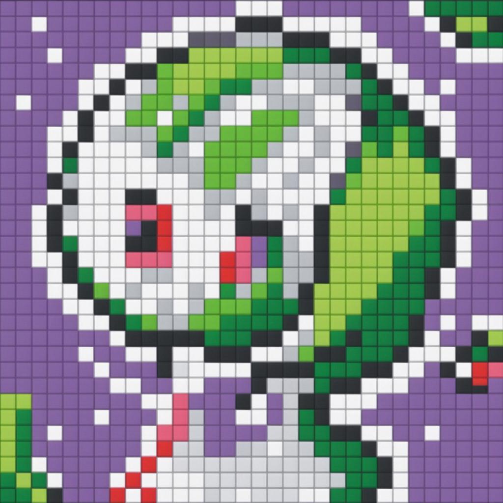 A 32x32 pixel art image featuring a Gardevoir with green hair, a red chest spike, and a white body against a purple background