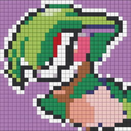 A 32x32 pixel art image featuring a Gardevoir with green hair, a red chest spike, and a white body against a purple background