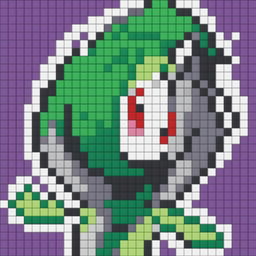 A 32x32 pixel art image featuring a Gardevoir with green hair, a red chest spike, and a white body against a purple background