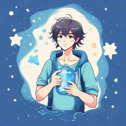 A cute anime-style illustration of a youthful guy representing the Aquarius zodiac sign, carrying a water jug and surrounded by stars.