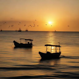 Sunset over the serene Mersin sea, bathed in soft golden light, with silhouettes of fishing boats floating gently on the undulating waves