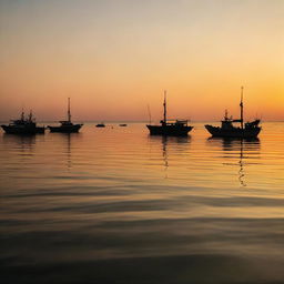 Sunset over the serene Mersin sea, bathed in soft golden light, with silhouettes of fishing boats floating gently on the undulating waves