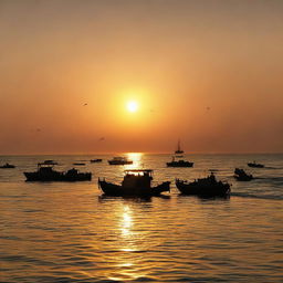 Sunset over the serene Mersin sea, bathed in soft golden light, with silhouettes of fishing boats floating gently on the undulating waves