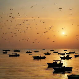 Sunset over the serene Mersin sea, bathed in soft golden light, with silhouettes of fishing boats floating gently on the undulating waves