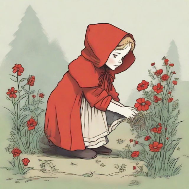 Little Red Riding Hood crouching down to pick flowers, illustrated from a side view.